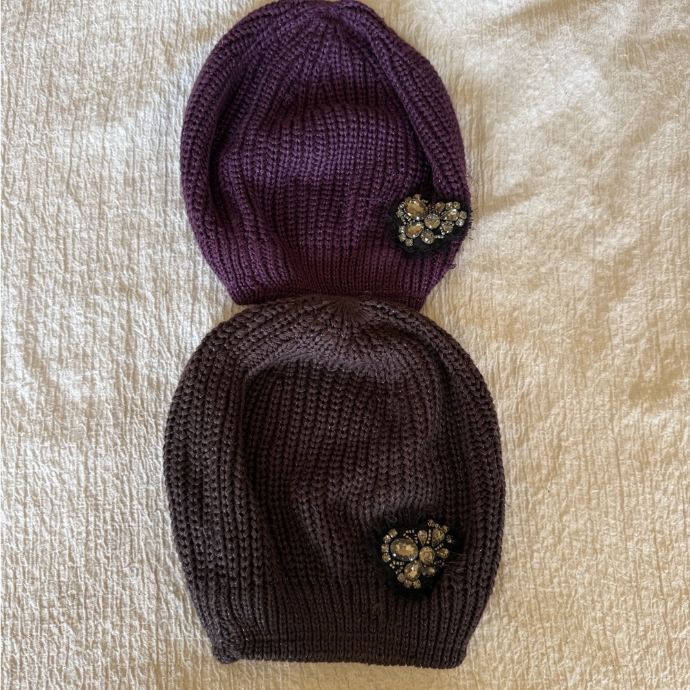 Girls Knit Beanie with Decorative Jewel Accent - Purple